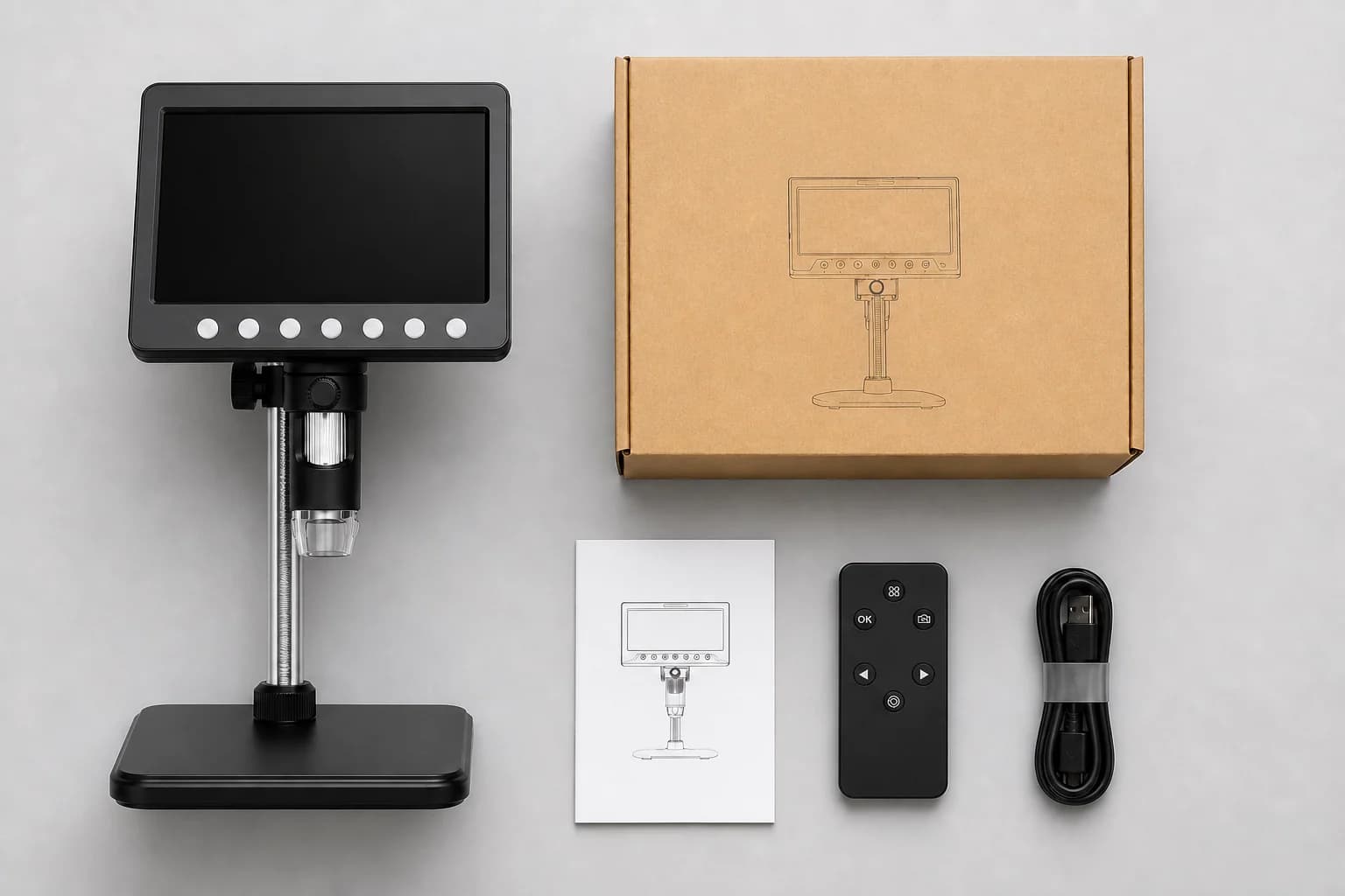 VisioZoom Lieferumfang mit Mikroskop, Karton, Anleitung, Fernbedienung und USB-Kabel