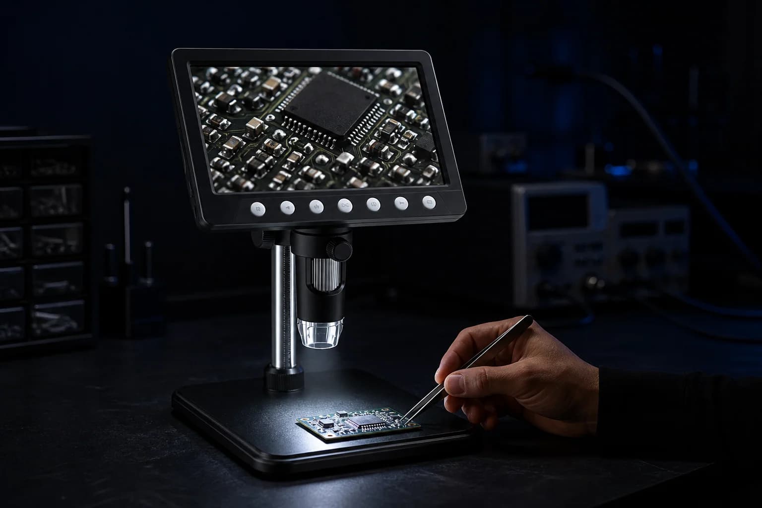 VisioZoom Digitalmikroskop bei präziser LED-beleuchteter Arbeit an einer Leiterplatte