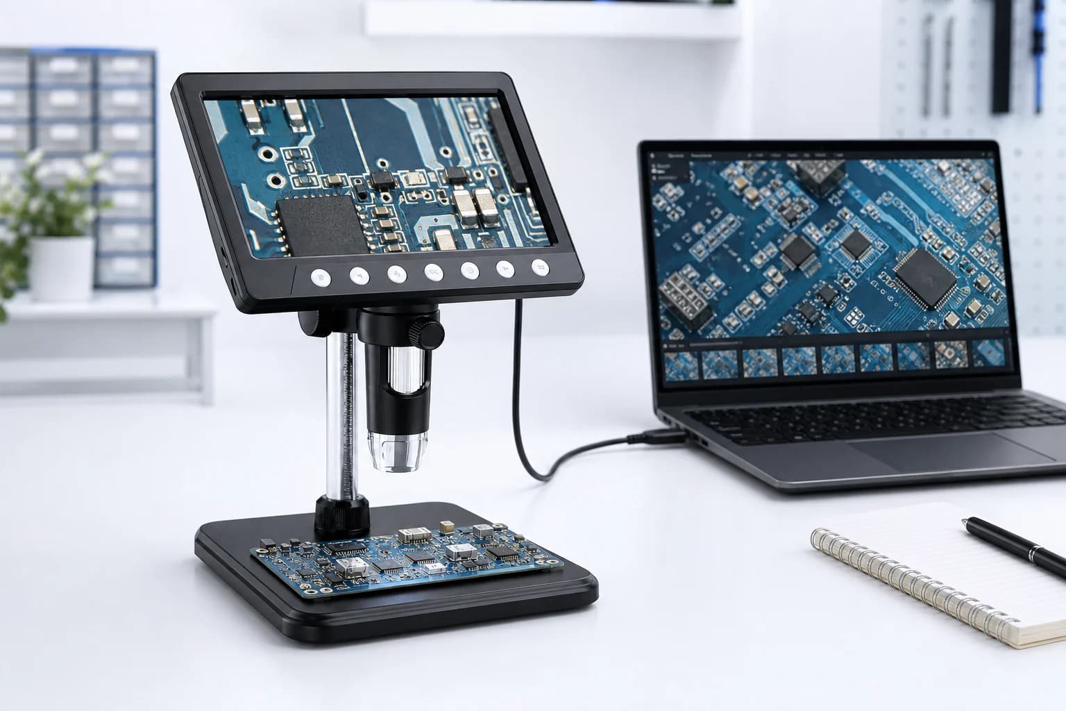 VisioZoom Mikroskop mit USB-Verbindung zu einem Computer