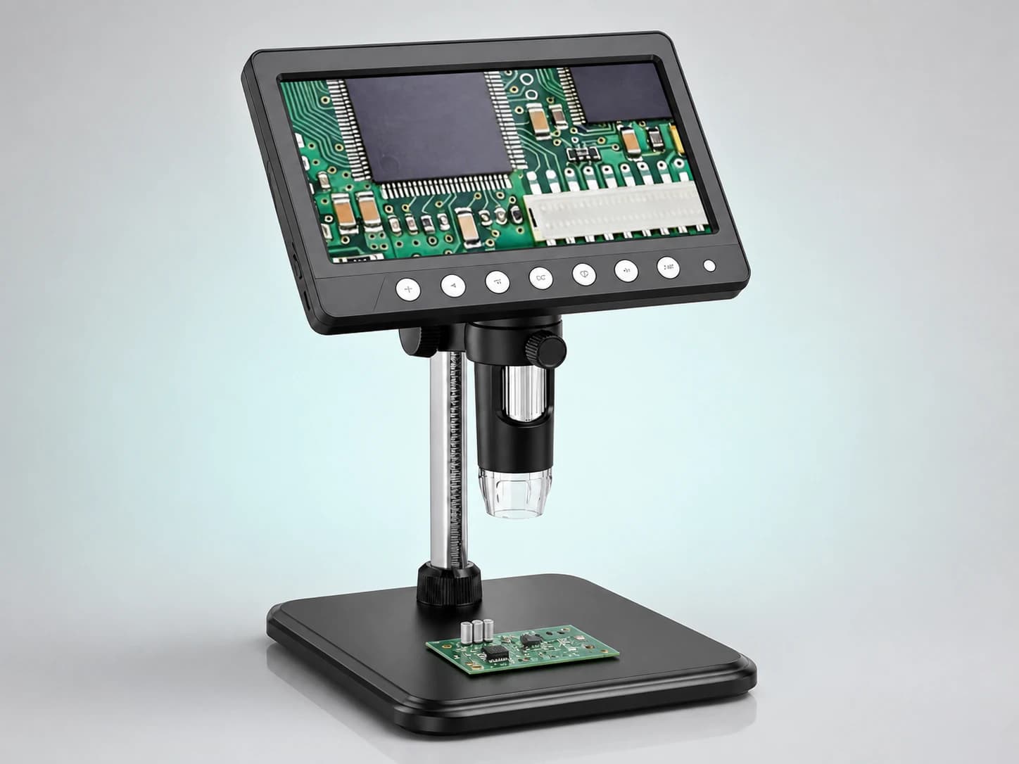 VisioZoom Digitalmikroskop bei präziser Arbeit an einer Platine