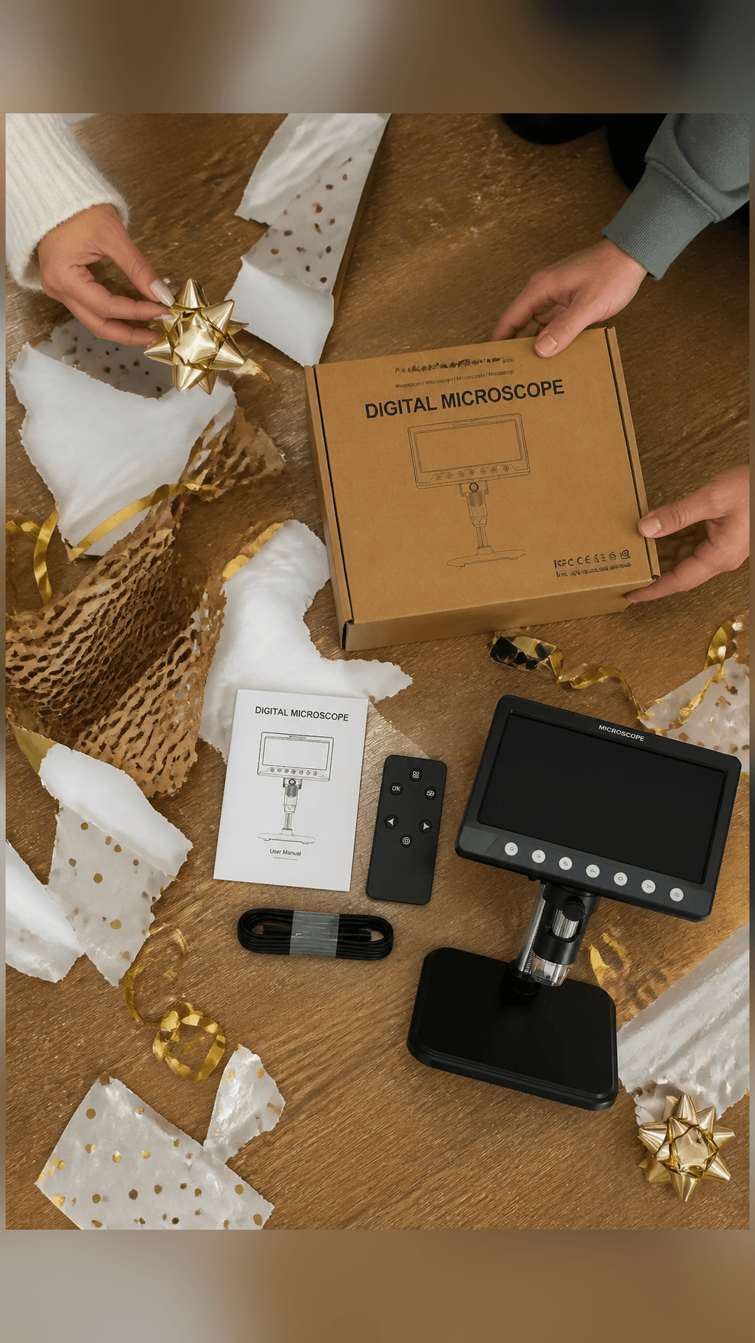 VisioZoom Digitalmikroskop mit Lieferumfang und Verpackung.