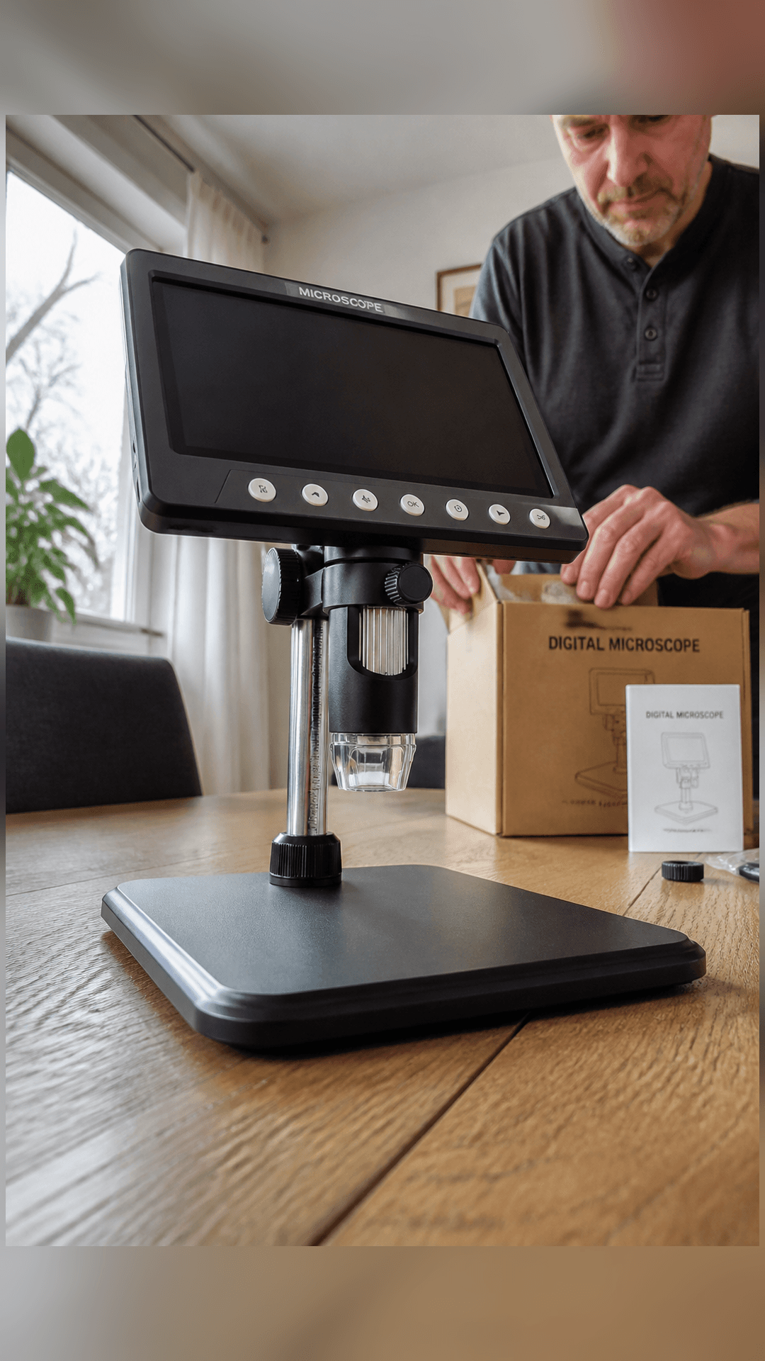 VisioZoom Digitalmikroskop beim Aufbau nach dem Auspacken.