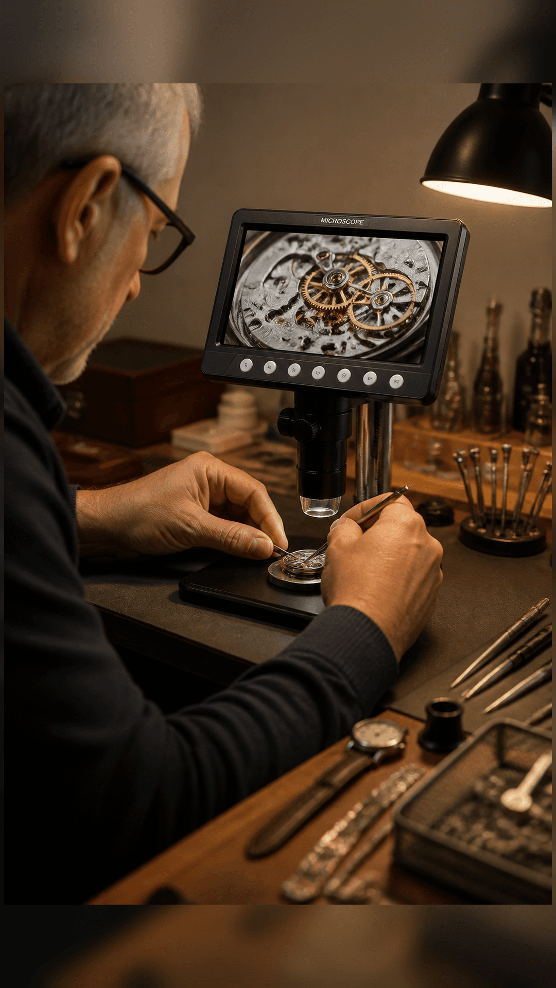 Kleine Teile eines Uhrwerks unter dem VisioZoom Digitalmikroskop.