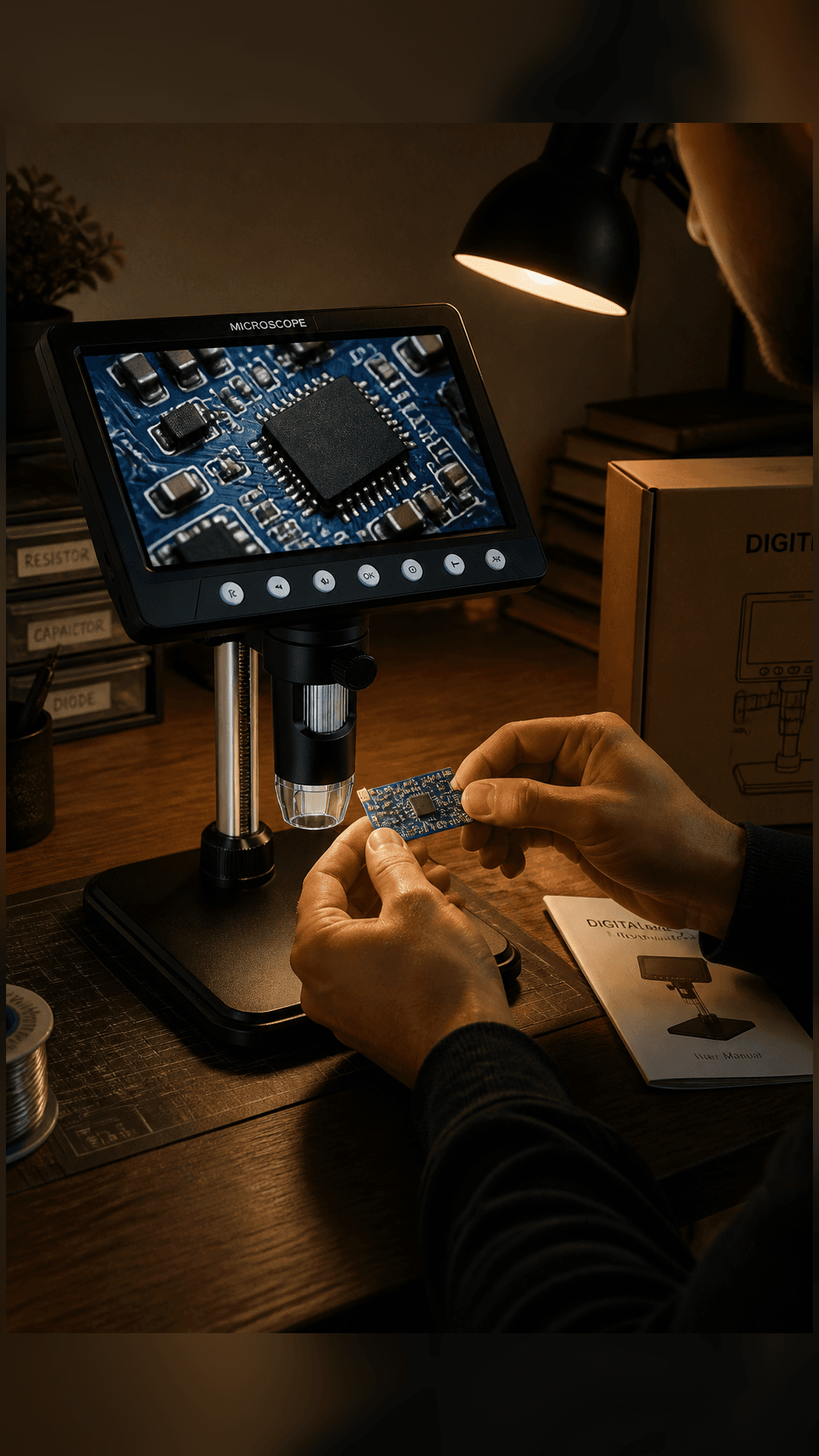 Steckverbinder und Leiterplatte unter dem VisioZoom Digitalmikroskop.